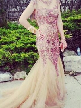 Sherri Hill Pink and Champagne Beaded Mermaid Gown